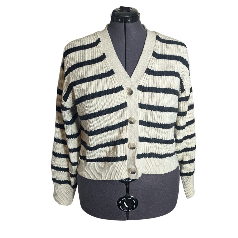 H&M Chunky Knit Striped Cardigan Sweater Cream Black V-Neck Boxy XL